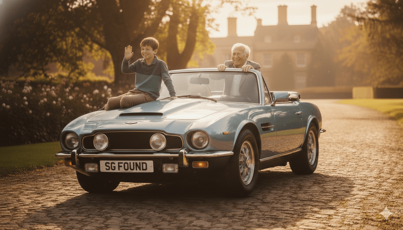 Sir Grandpa and his grandson on a 1984 Aston Martin Volante
